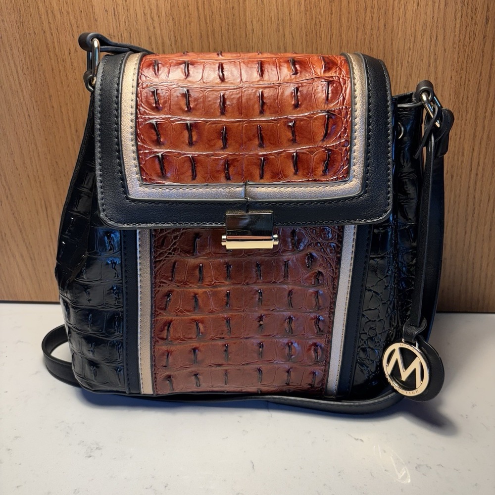 MFK Collection Women's Jamilah Crossbody Bag, Black/Brown, Vegan Leather‎